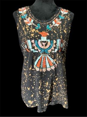 Graphic Tribal Muscle Tank - Black with Multicolor Motif